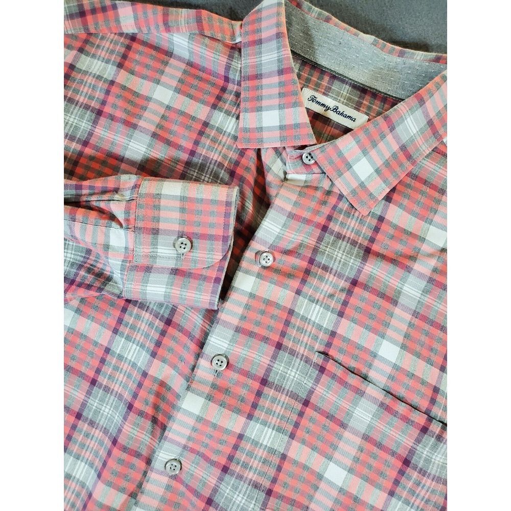 Tommy Bahama Mens L  Plaid  Button Down Shirt Pink Gray Cotton Spandex Blend